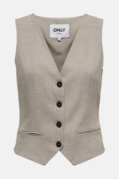 Beige mouwloos vest van ONLY, met zwarte knopen en paspelzakken.