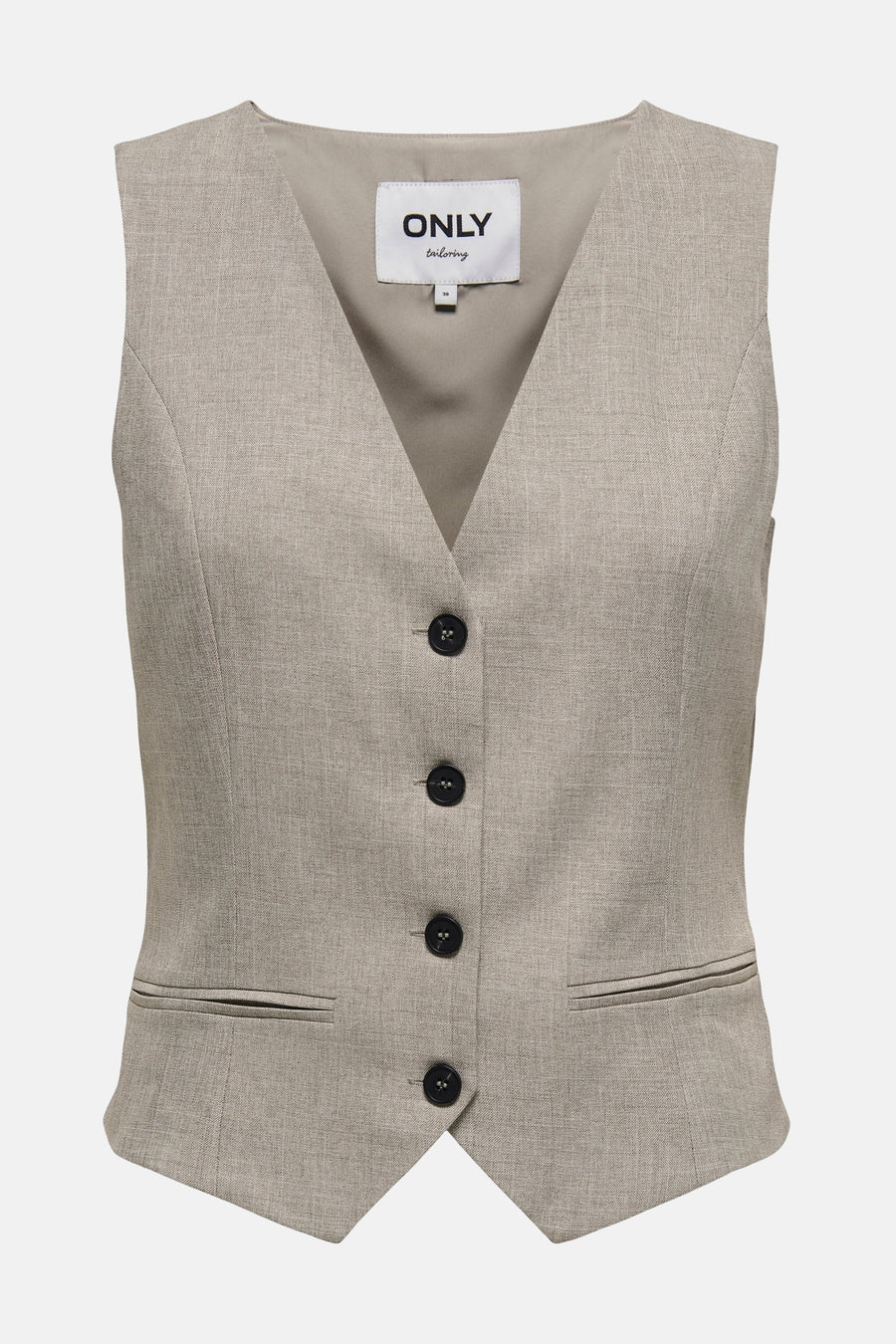 Beige mouwloos vest van ONLY, met zwarte knopen en paspelzakken.