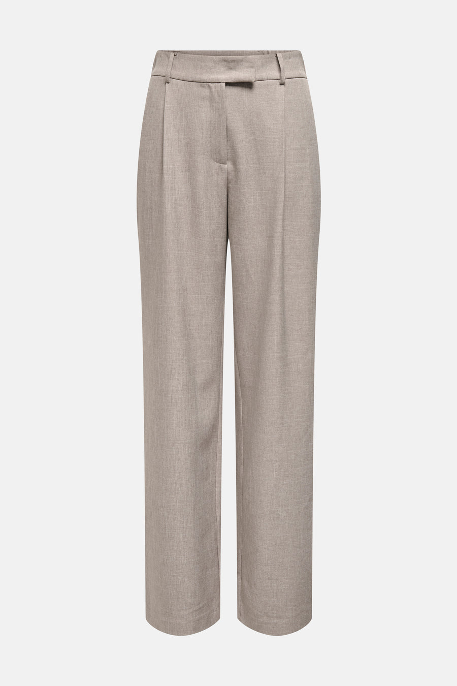 Beige kostuumbroek ONLY® met wijde pasvorm, gedragen met een bijpassend mouwloos vest.