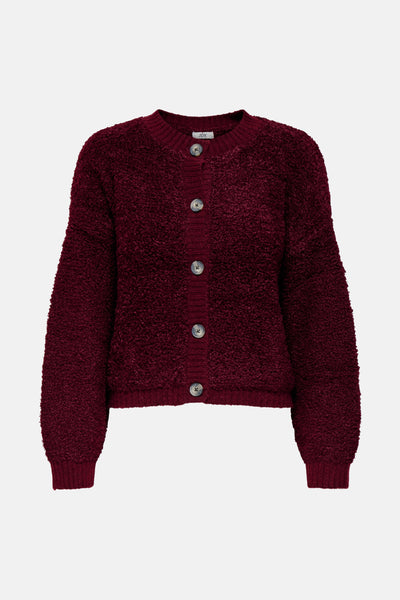 Bordeaux gebreid vest met teddy-effect van JDY, met een knoopsluiting aan de voorkant.