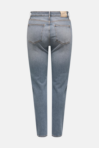 Jean mom en denim bleu moyen de ONLY, avec poches arrière et passants de ceinture visibles.