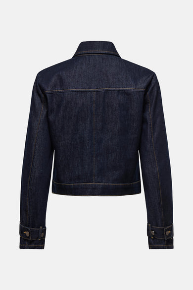 Veste en jean bleu foncé en denim de JDY, vue de dos, avec coutures contrastantes et poignets boutonnés.
