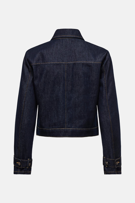 Veste en jean bleu foncé en denim de JDY, vue de dos, avec coutures contrastantes et poignets boutonnés.
