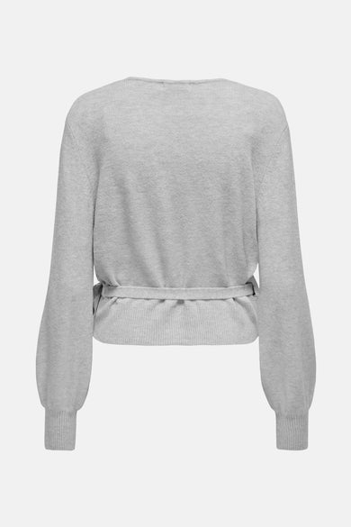 Gilet gris en maille de JDY, avec ceinture à nouer et manches longues bouffantes.