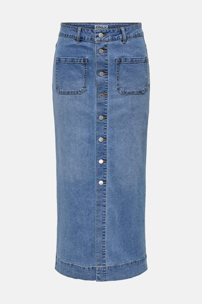 Jupe longue en denim bleu moyen de ONLY, avec boutons sur le devant et poches plaquées.