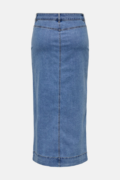 Jupe longue en denim bleu moyen de ONLY, avec couture centrale au dos.