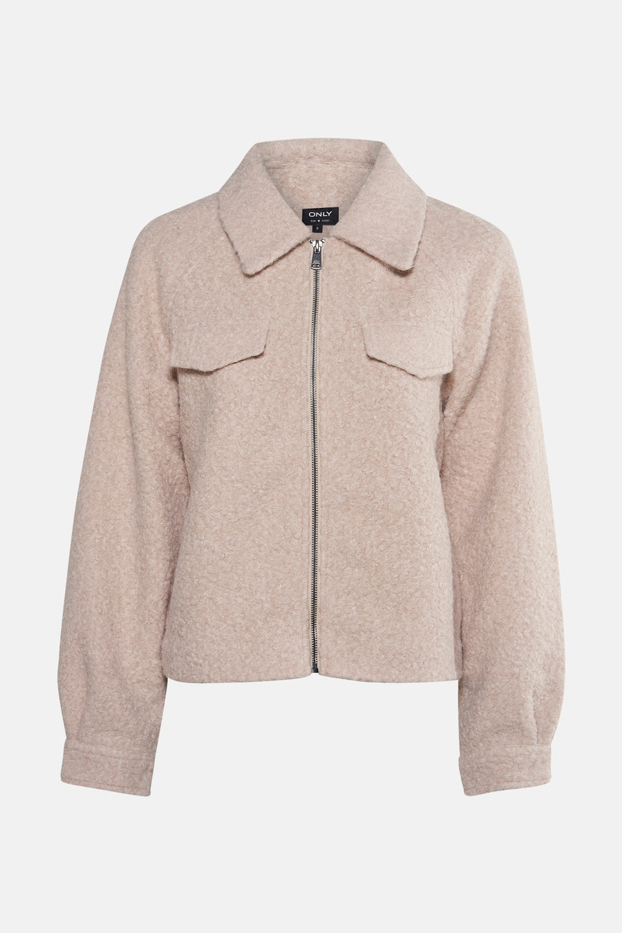 Veste courte beige en tissu texturé par ONLY, avec fermeture éclair et poches plaquées.