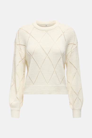 Pull écru à col rond de ONLY, avec motif losanges ajourés et manches longues bouffantes.
