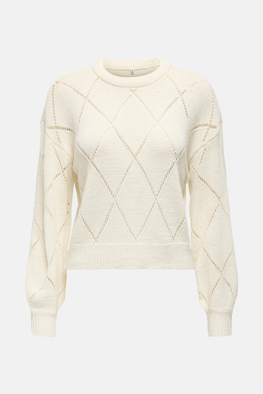 Pull écru à col rond de ONLY, avec motif losanges ajourés et manches longues bouffantes.
