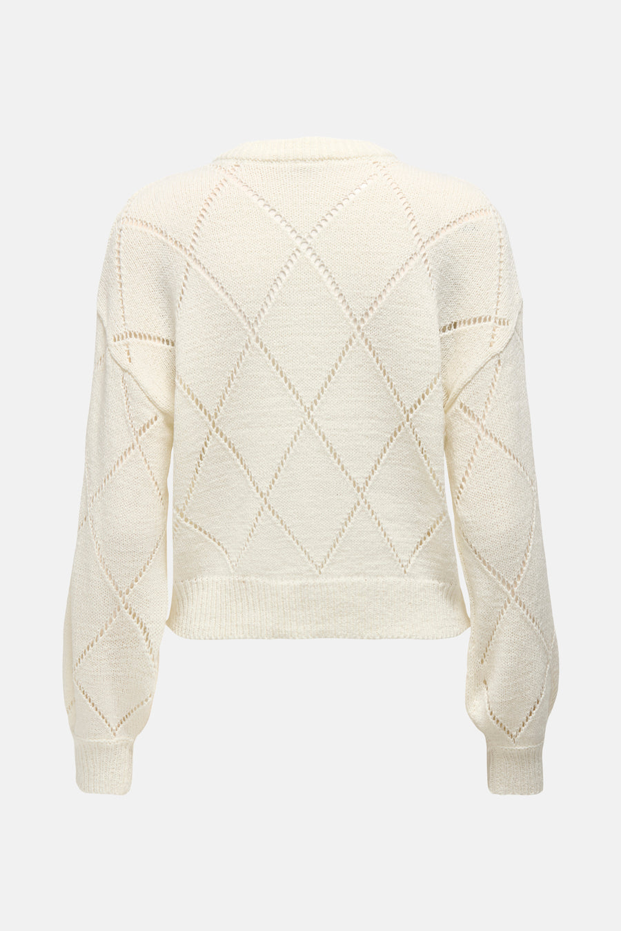 Pull écru à col rond de ONLY®, avec motif losanges ajourés et manches longues bouffantes.