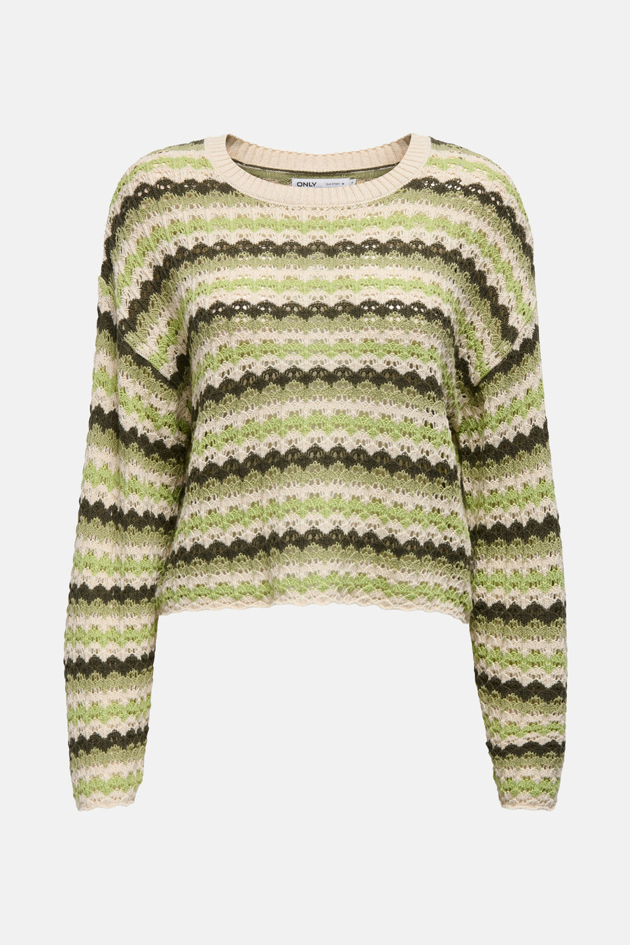 Pull multicolore à col rond par ONLY®, à rayures ondulées vert et beige, en maille ajourée.
