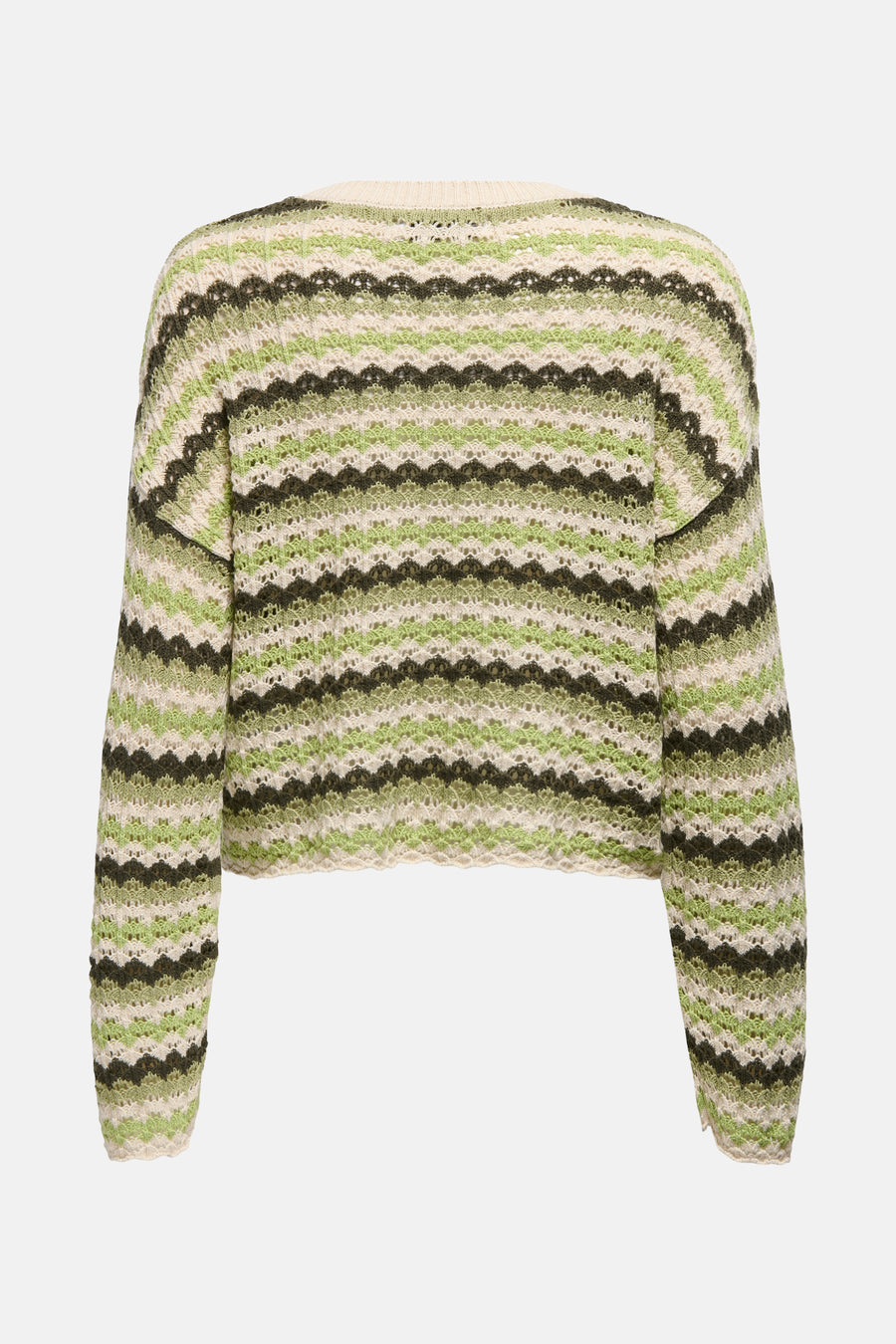 Pull à col rond multicolore de ONLY, à rayures ondulées vertes, beiges et marrons.