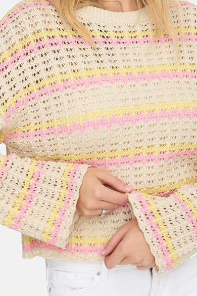 Pull à col rond multicolore de ONLY®, en maille ajourée à rayures roses et jaunes.