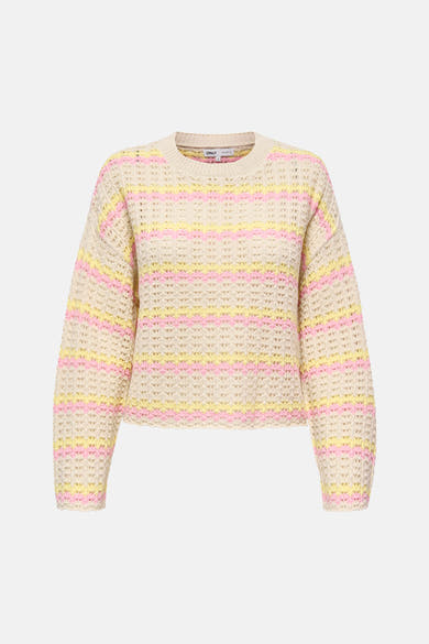 Pull en maille multicolore de ONLY, à rayures roses et jaunes, texture ajourée.