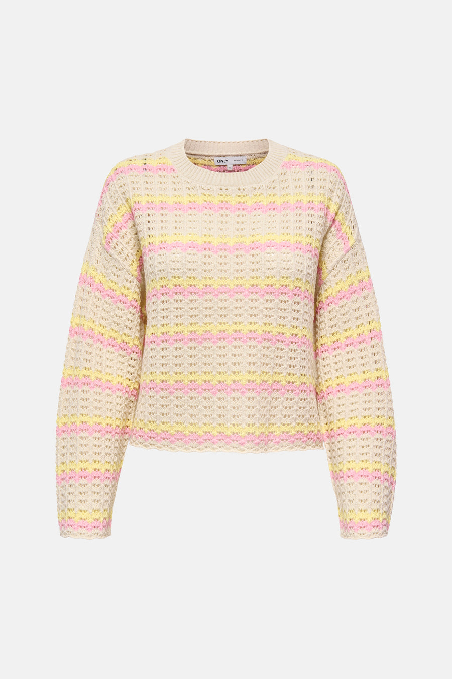 Pull en maille multicolore de ONLY, à rayures roses et jaunes, texture ajourée.