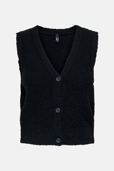 Débardeur noir en maille bouclette de ONLY, avec encolure en V et fermeture boutonnée sur le devant.