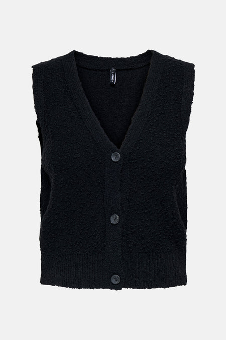Zwarte, gebreide tanktop van ONLY met V-hals en knoopsluiting aan de voorkant.