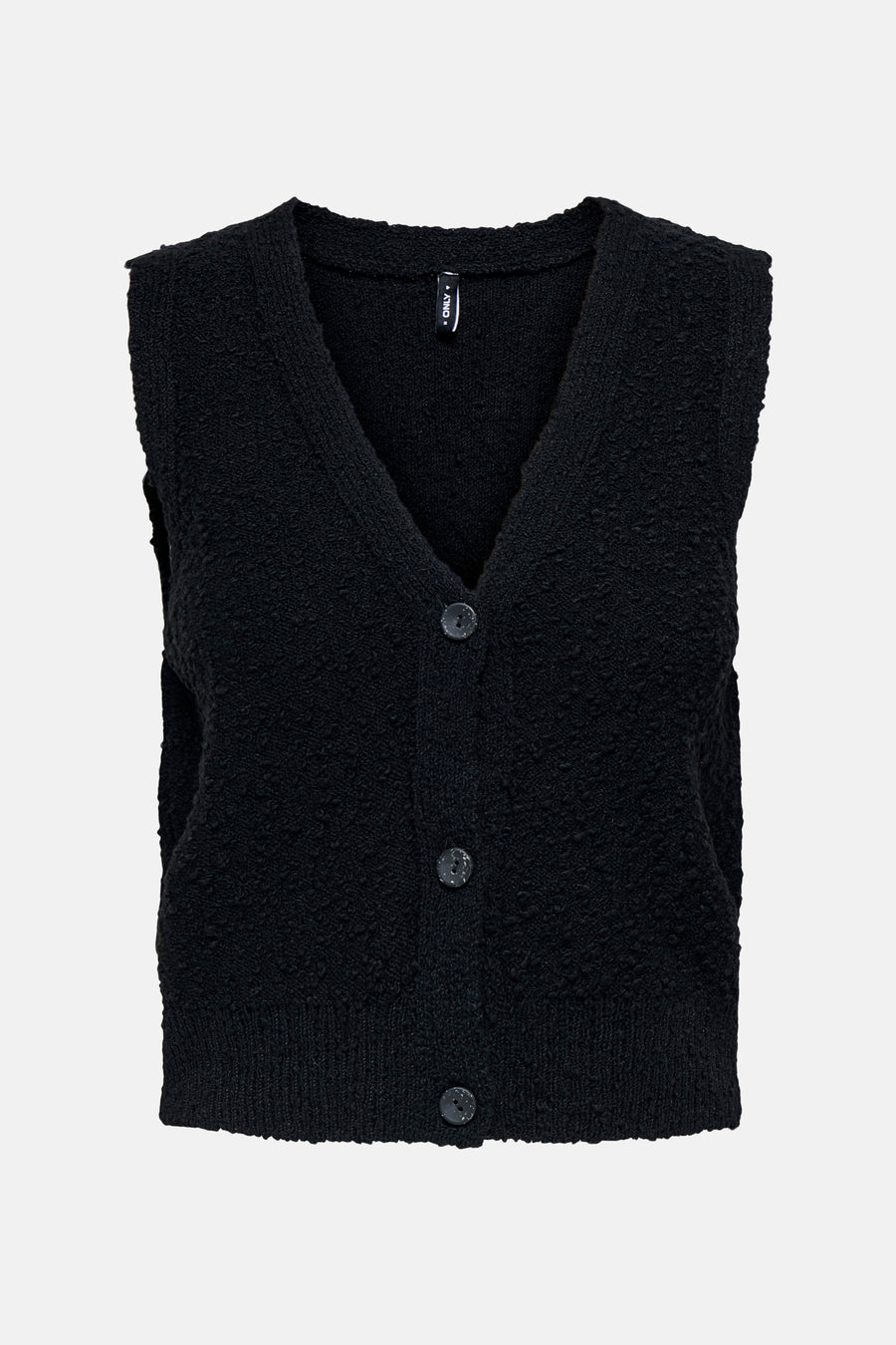 Débardeur noir en maille bouclette de ONLY, avec encolure en V et fermeture boutonnée sur le devant.