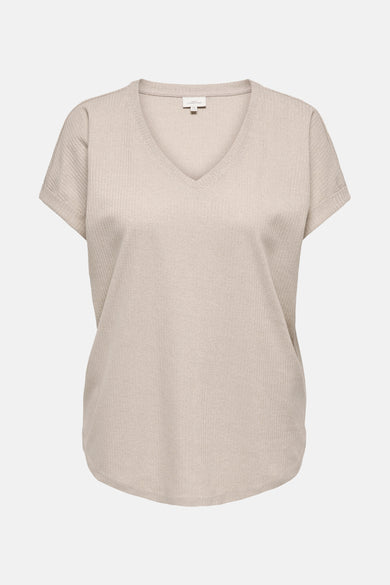 T-shirt beige à manches courtes de CARMAKOMA, en maille côtelée avec encolure en V.
