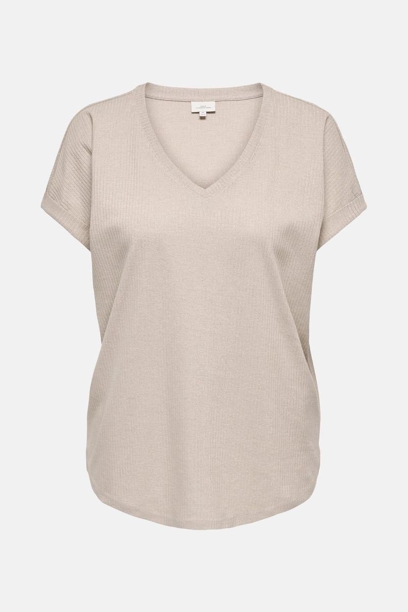 T-shirt beige à manches courtes de CARMAKOMA, en maille côtelée avec encolure en V.
