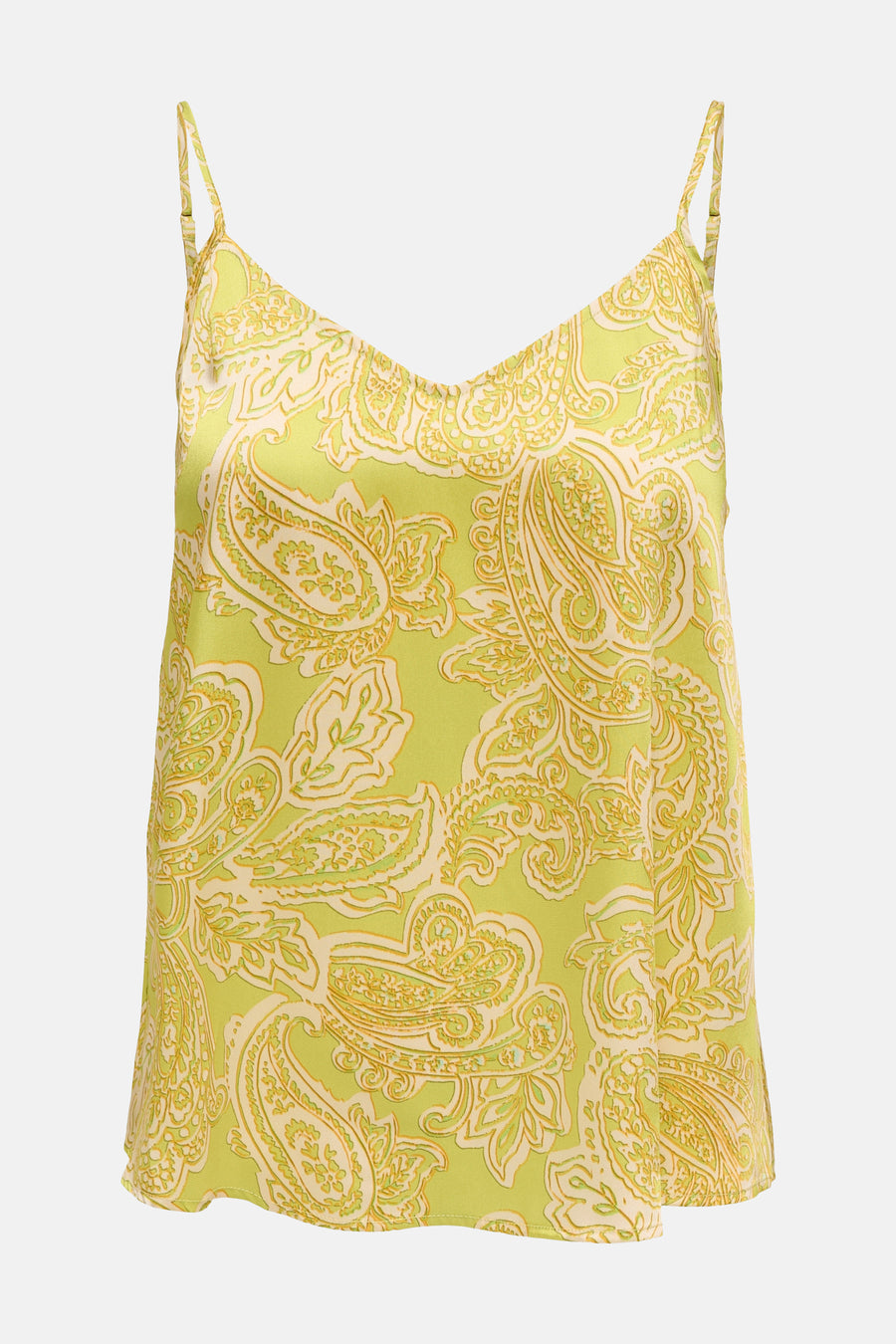 Lichtgroen hemdje van ONLY® met gele paisleyprint en dunne schouderbandjes.