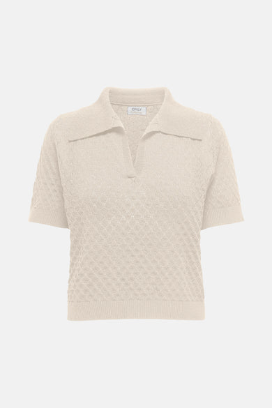 Ecru poloshirt met korte mouwen van ONLY, met een ajourpatroon en gebreide textuur.
