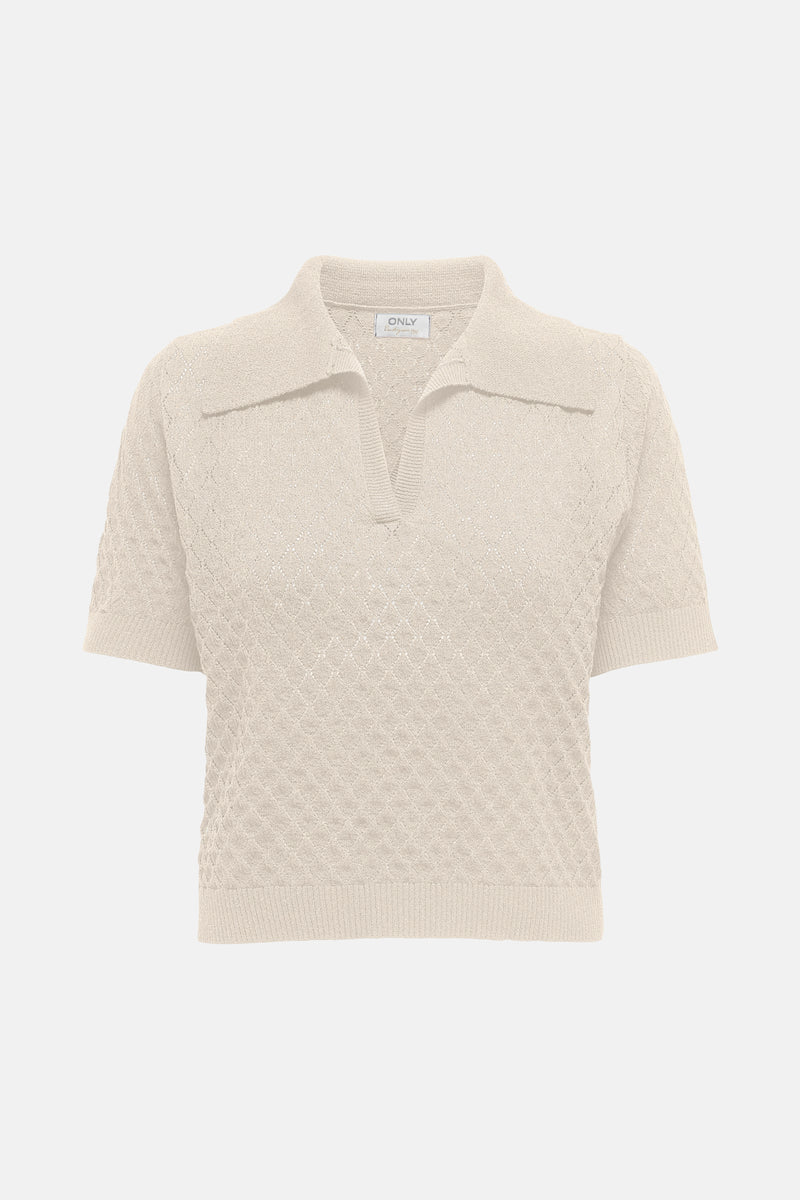 Ecru poloshirt met korte mouwen van ONLY, met een ajourpatroon en gebreide textuur.