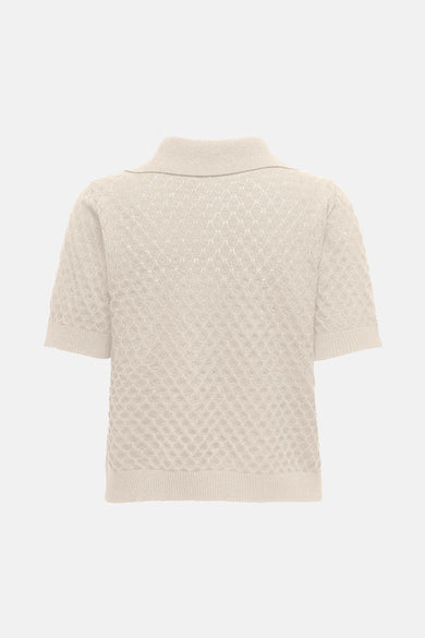Ecru poloshirt met korte mouwen van ONLY, met een ruitvormig ajourpatroon.