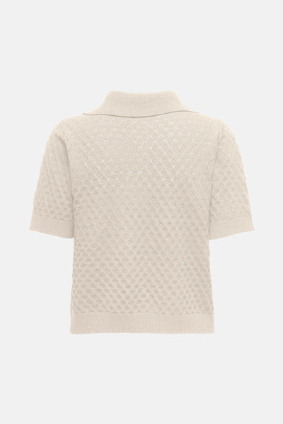 Ecru poloshirt met korte mouwen van ONLY, met een ruitvormig ajourpatroon.