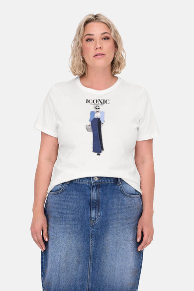 Wit T-shirt met korte mouwen van CARMAKOMA, met opdruk en gedragen met een spijkerrok.