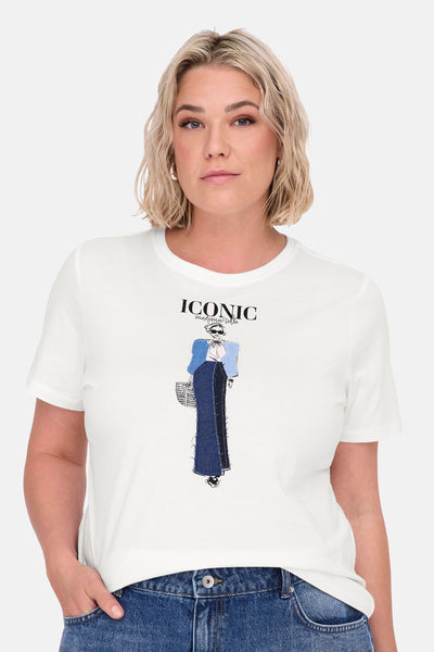 Wit T-shirt met korte mouwen van Carmakoma met een grafische print van een elegante vrouw.