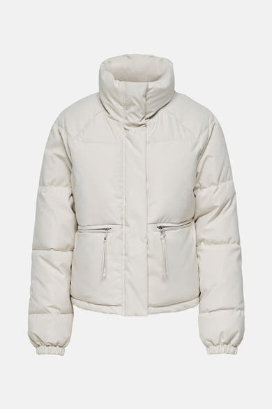 Veste courte beige de JDY, style bouffant avec un col montant et des poches zippées.