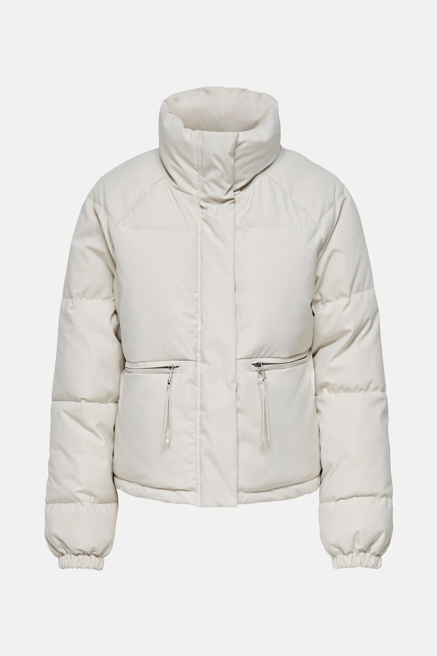 Veste courte beige de JDY, style bouffant avec un col montant et des poches zippées.