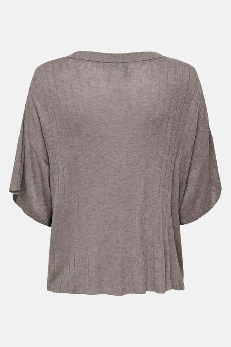 T-shirt marron à manches courtes de ONLY, en maille côtelée fine et coupe décontractée, vue de dos.