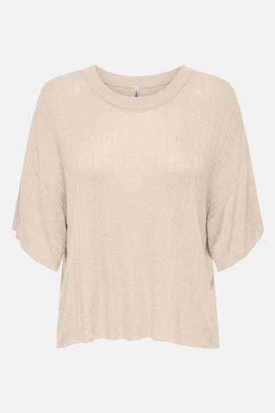 Beige T-shirt met korte mouwen van ONLY, in fijne ribgebreide stof met ronde hals, achterkant.