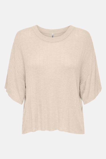 Beige T-shirt met korte mouwen van ONLY, in fijne ribgebreide stof met ronde hals, achterkant.