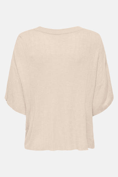 T-shirt beige à manches courtes de ONLY, en tricot côtelé fin avec encolure ronde, vue de dos.
