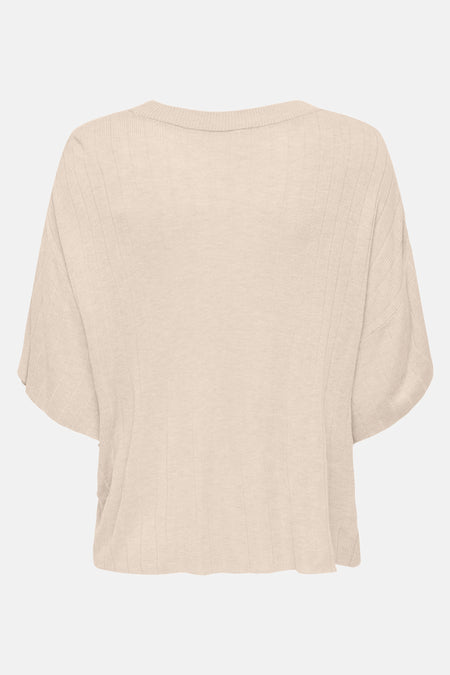T-shirt beige à manches courtes de ONLY, en tricot côtelé fin avec encolure ronde, vue de dos.
