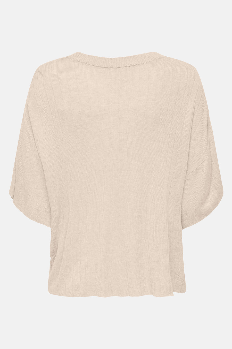 T-shirt beige à manches courtes de ONLY, en tricot côtelé fin avec encolure ronde, vue de dos.
