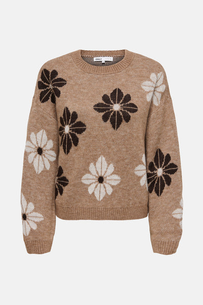 Pull beige à col rond de ONLY, avec motif fleuri marron et blanc.