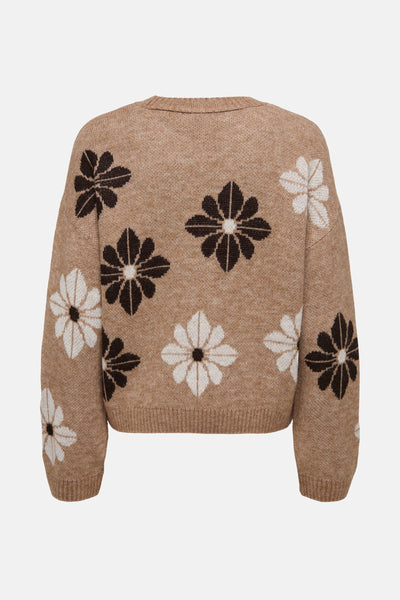 Pull à col rond beige par ONLY, à motif floral noir et blanc.
