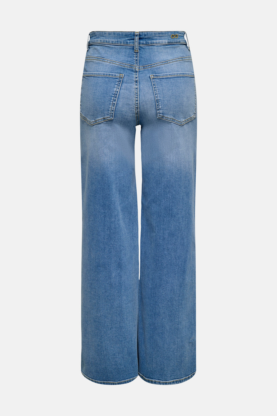 Jeans larges bleu jean moyen de JDY, vus de dos, avec un léger délavage et un symbole infini doré à la ceinture.