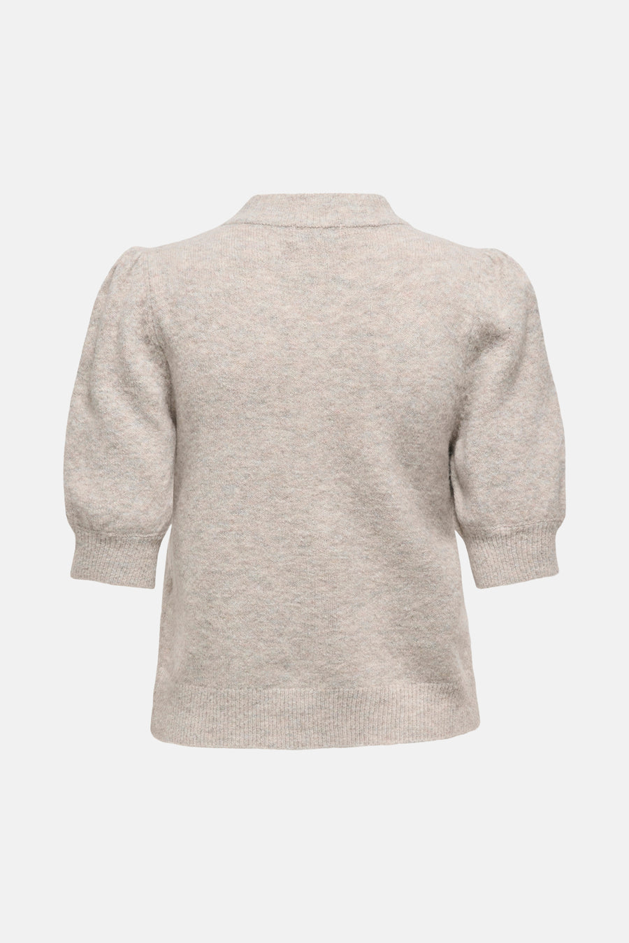 Pull col rond gris de JDY, manches trois quarts bouffantes, en maille texturée sur fond blanc.
