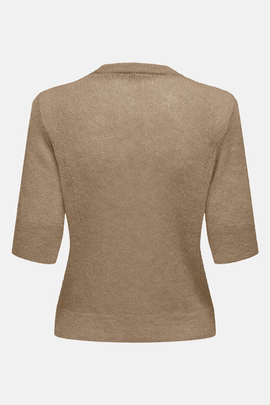 Pull à col rond en maille marron de ONLY, avec manches trois-quarts, vue arrière.
