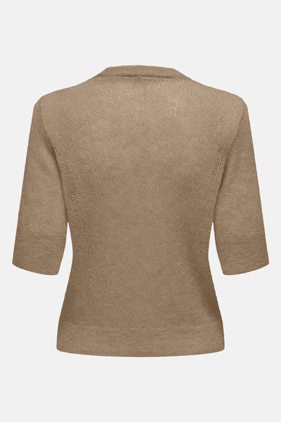 Pull à col rond en maille marron de ONLY, avec manches trois-quarts, vue arrière.
