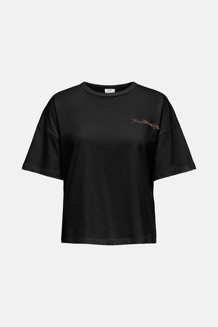 Zwart T-shirt van JDY met decoratieve "Nice Attitude Club" borduursel op de voorkant.