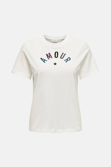 Wit T-shirt van JDY met de inscriptie "AMOUR" in multicolore pailletten en een zwarte ster.