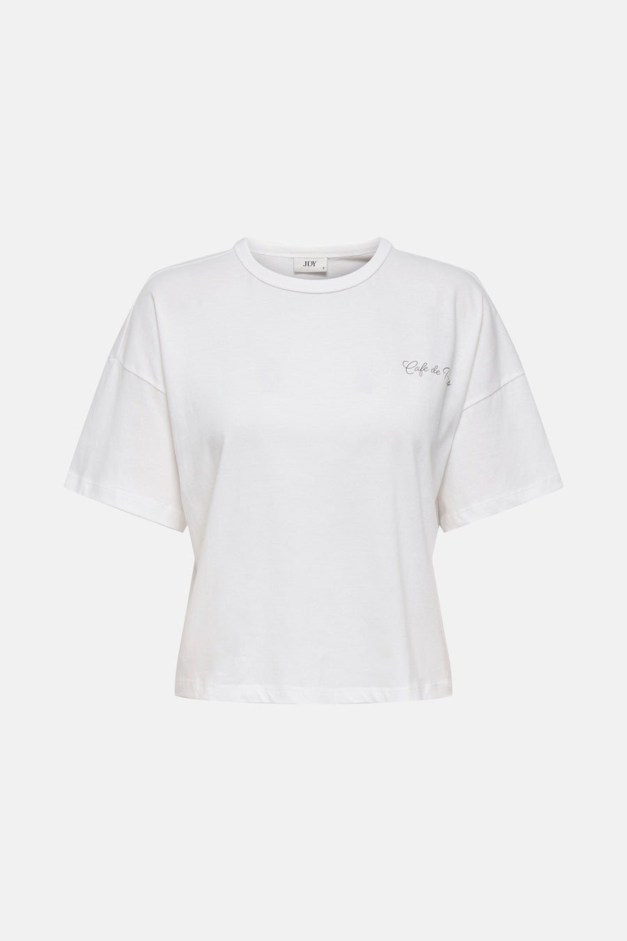 Wit T-shirt van JDY met korte mouwen en geborduurd 'Café de …' motief.