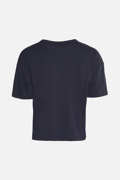 T-shirt bleu foncé by JDY, à manches courtes et coupe ample, présenté de dos.