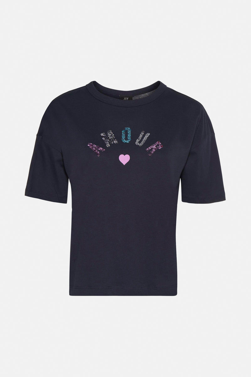 T-shirt bleu marine de JDY avec motif décoratif « Amour » pailleté et cœur rose.
